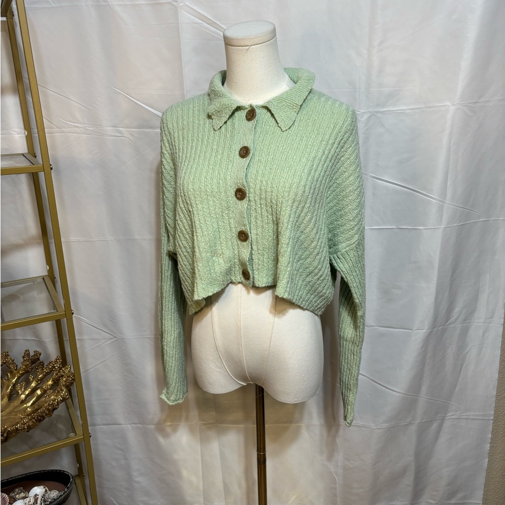 Y2K Urban Outfitters‎ Mint Green Cropped Cardigan XS Ribbed Button Up